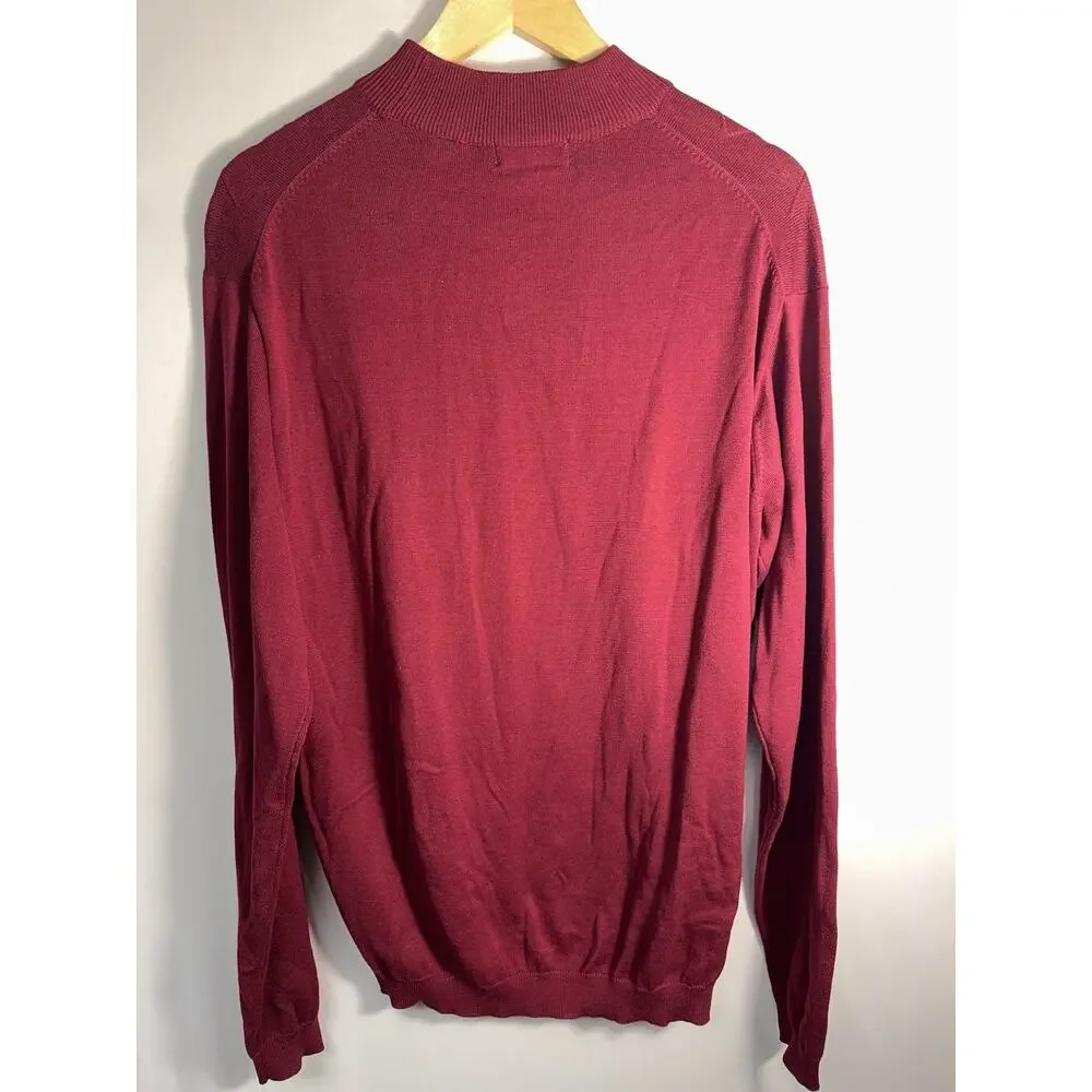 Burgundy Silk Cotton blend Argyle Knit Mock Neck Sweater‎ Men’s Large Bachrach